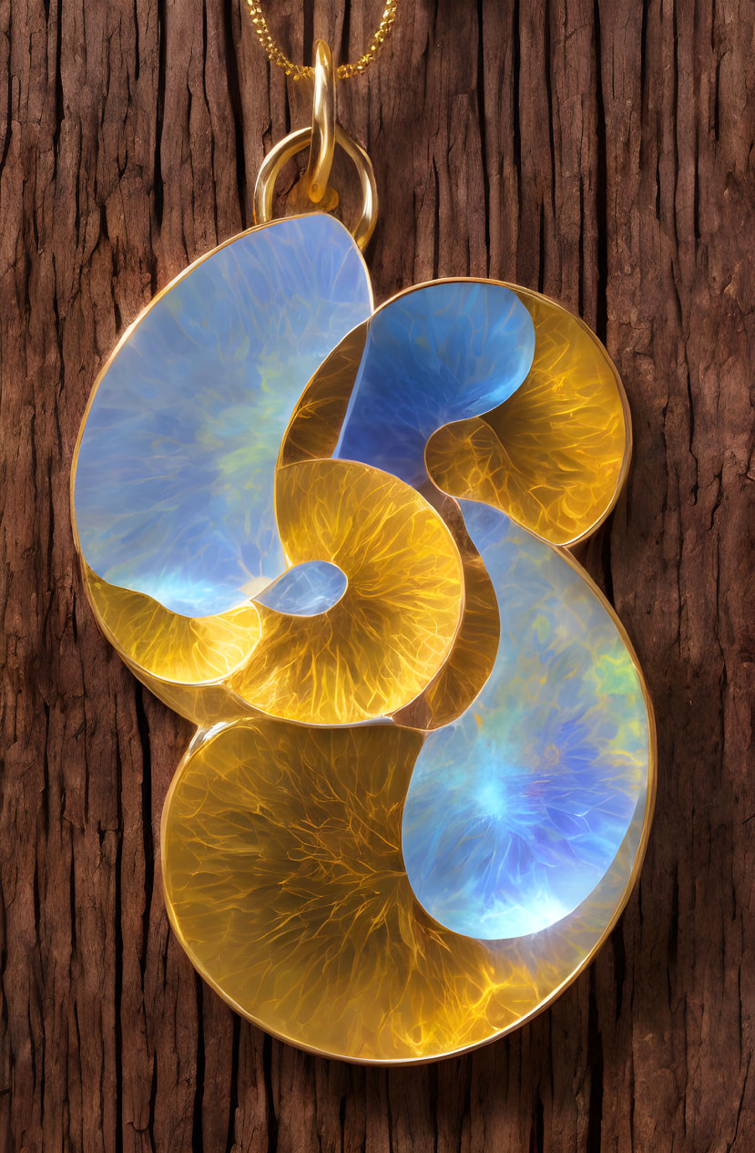 Tricolor galaxy pendant on gold chain against wooden backdrop