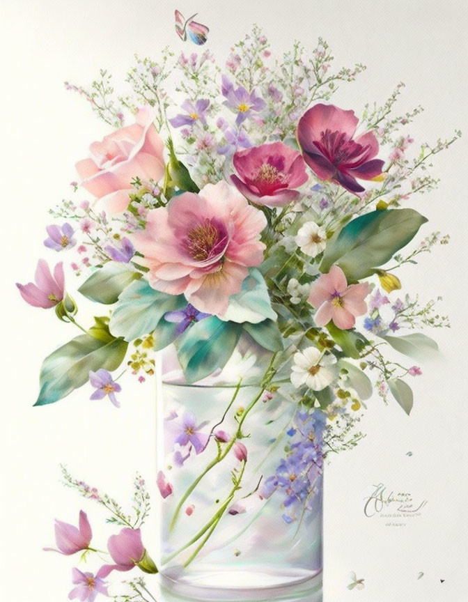 Soft-hued flowers in transparent vase with butterfly.