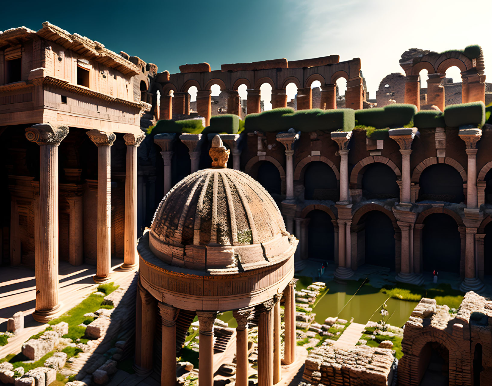 Ancient Roman amphitheater with central dome, arches, and columns