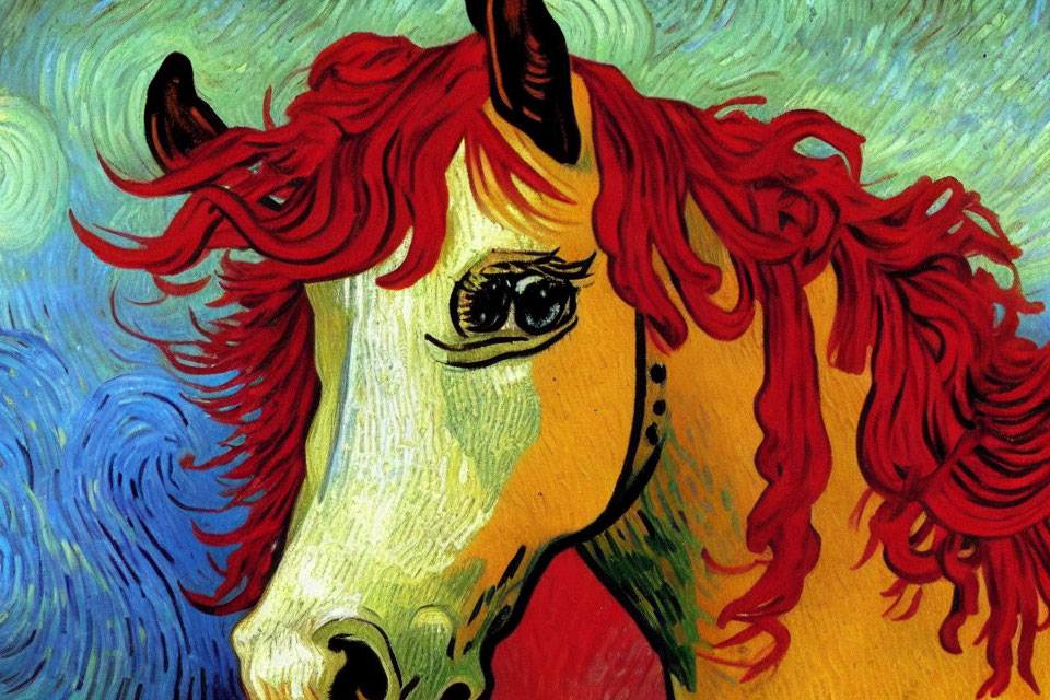 Vibrant painting of a horse-like creature with red mane and horns on blue background