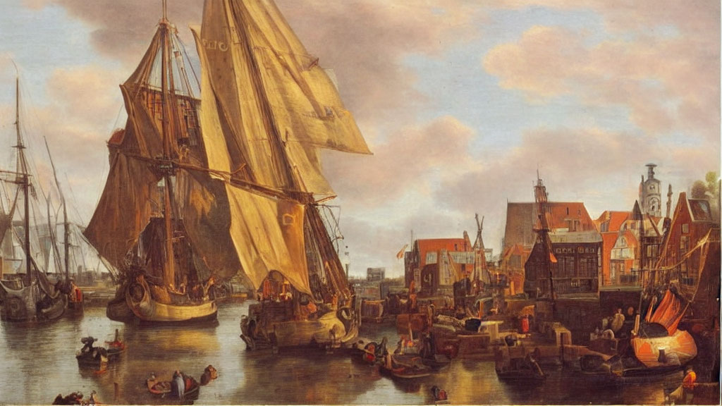 Maritime oil painting of tall ships in a bustling harbor