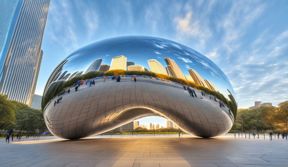 Bean-shaped reflective sculpture in urban setting with skyscrapers and blue sky.