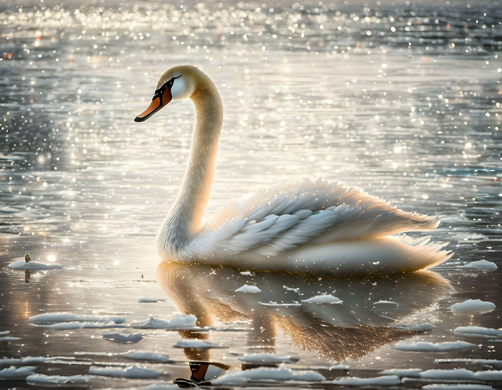 Majestic swan gliding on tranquil lake at sunset