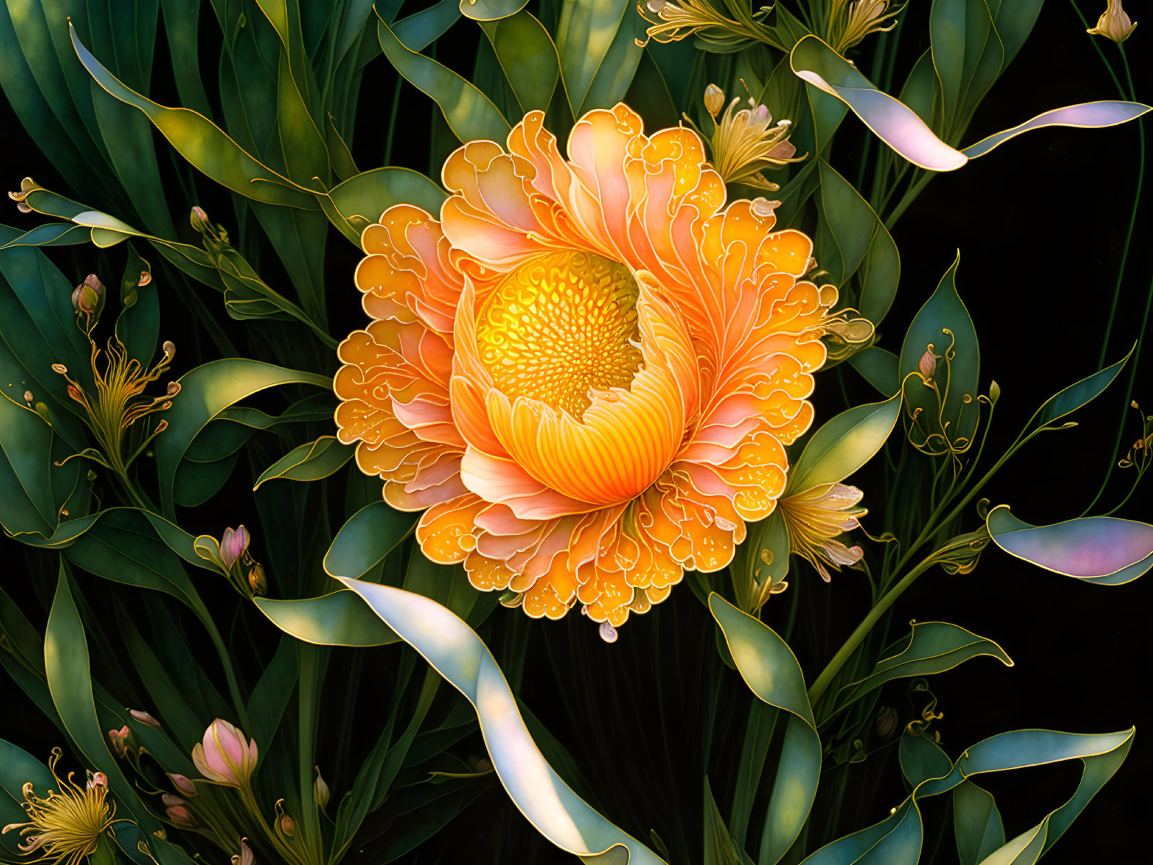 Detailed Yellow-Orange Flower in Vibrant Digital Art