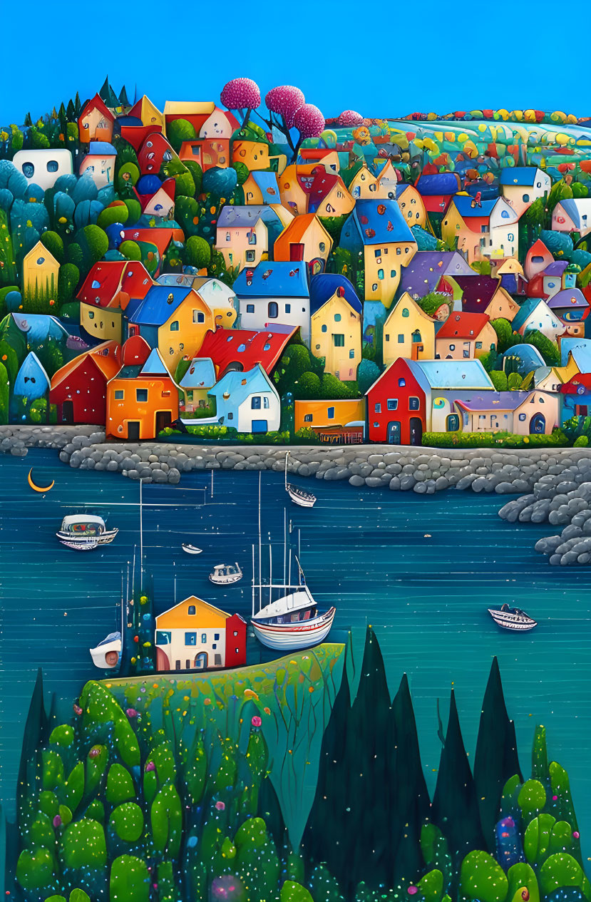 Vibrant coastal village illustration with clustered houses, boats, and greenery