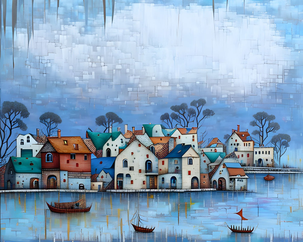 Colorful Rooftops and Boats in Serene Waterfront Village Painting