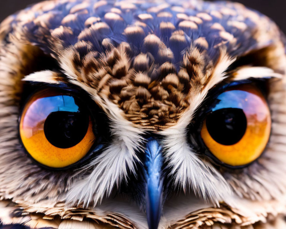 Close-Up of Owl's Face with Yellow-Orange Eyes and Feather Patterns