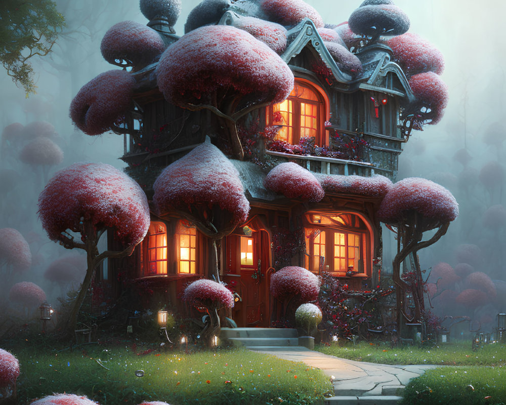 Fantasy two-story house among glowing mushrooms in misty forest