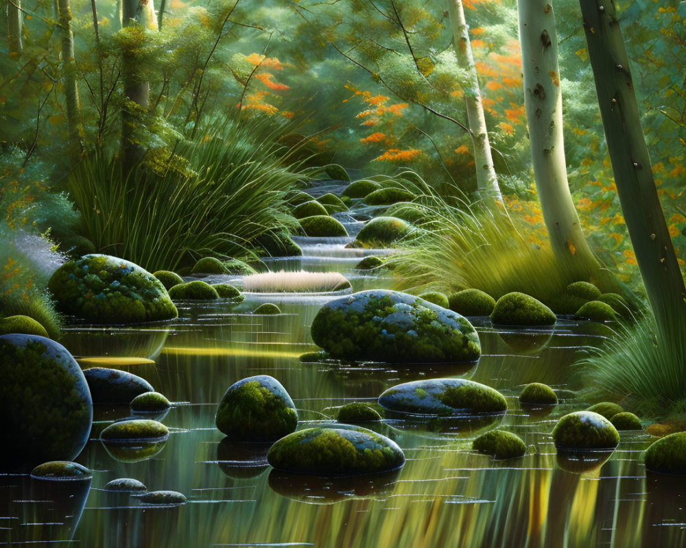 Tranquil stream with mossy rocks, greenery, and autumn trees.