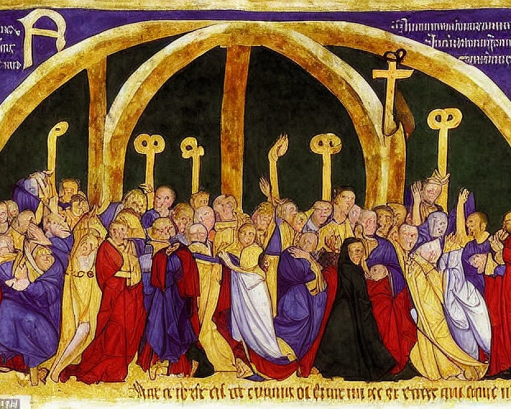 Medieval Manuscript Illustration of Robed Figures Under Gothic Arches