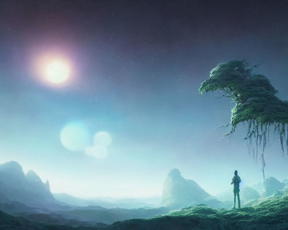 Solitary figure in lush, alien landscape with celestial body