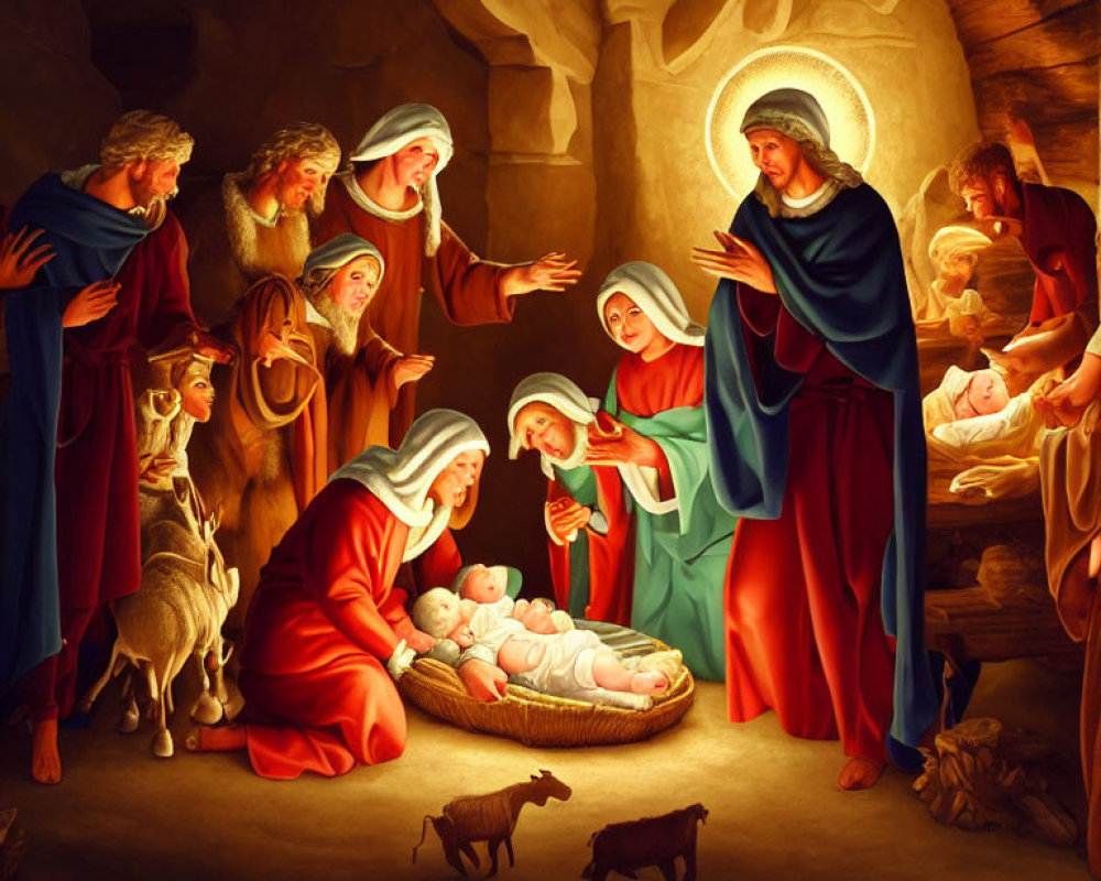 Nativity scene painting with Mary, Joseph, baby Jesus, shepherds, wise men, and