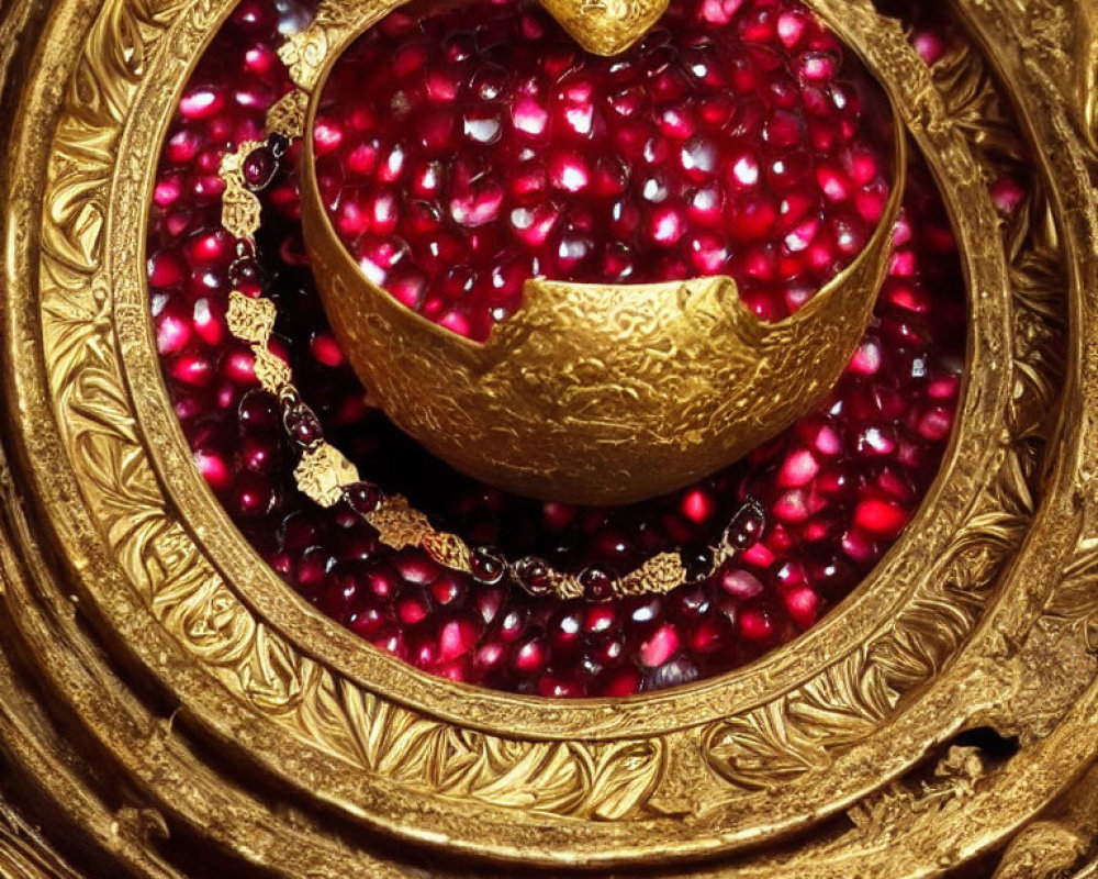 Golden ornate bowl with red pomegranate seeds in decorative frame.