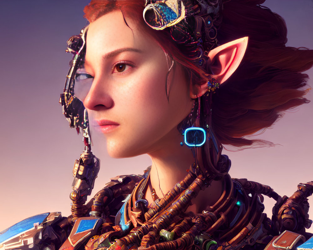 Red-haired female character with pointed ears and high-tech adornments on soft background