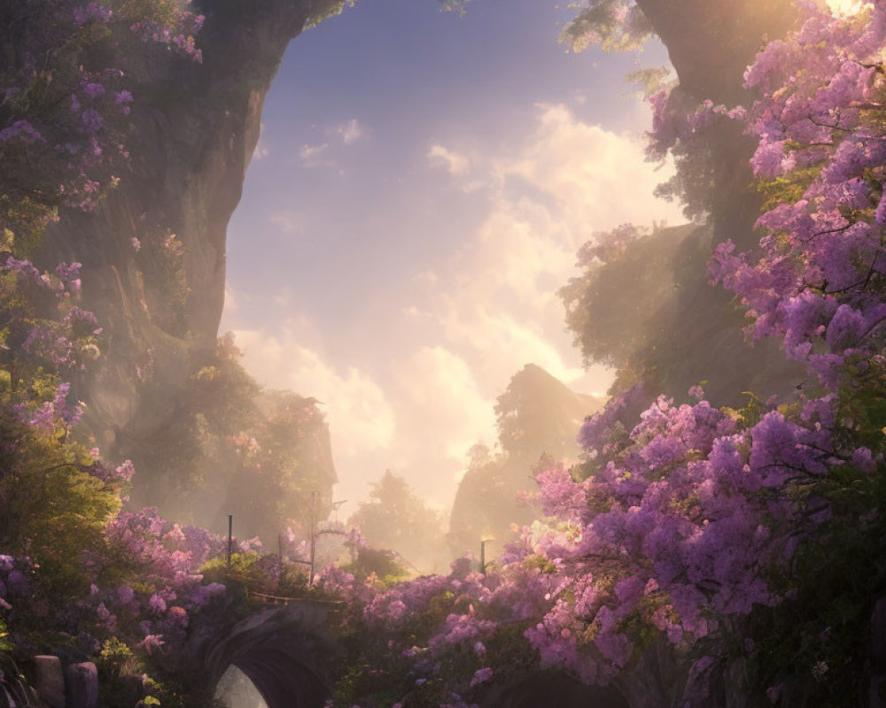 Stone bridge and arch among blooming purple trees in soft sunlight and mist