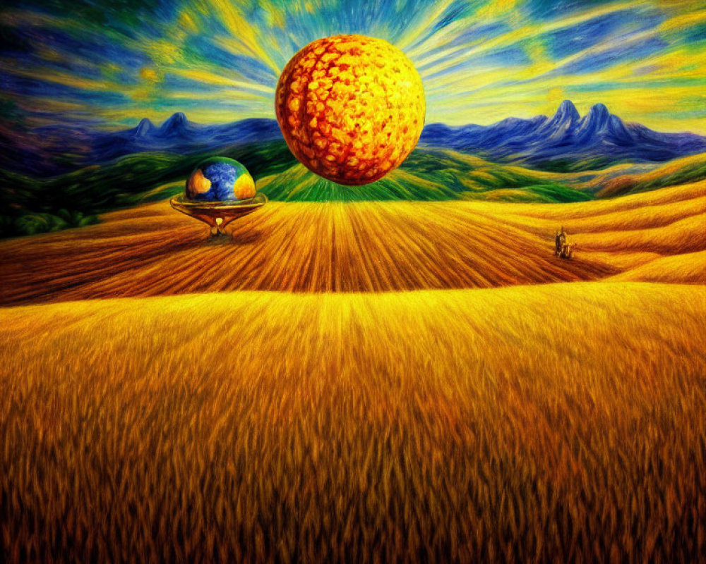 Surreal landscape with golden field, dramatic sky, and textured spheres