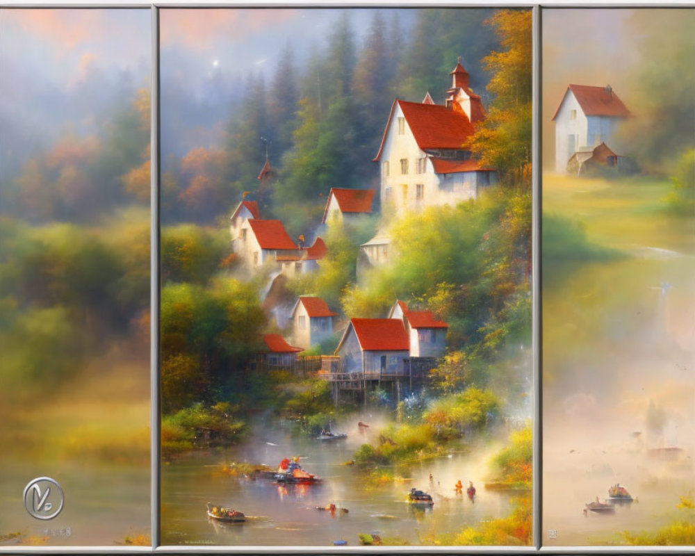 Scenic village painting: red-roofed houses by river in misty autumn ambiance