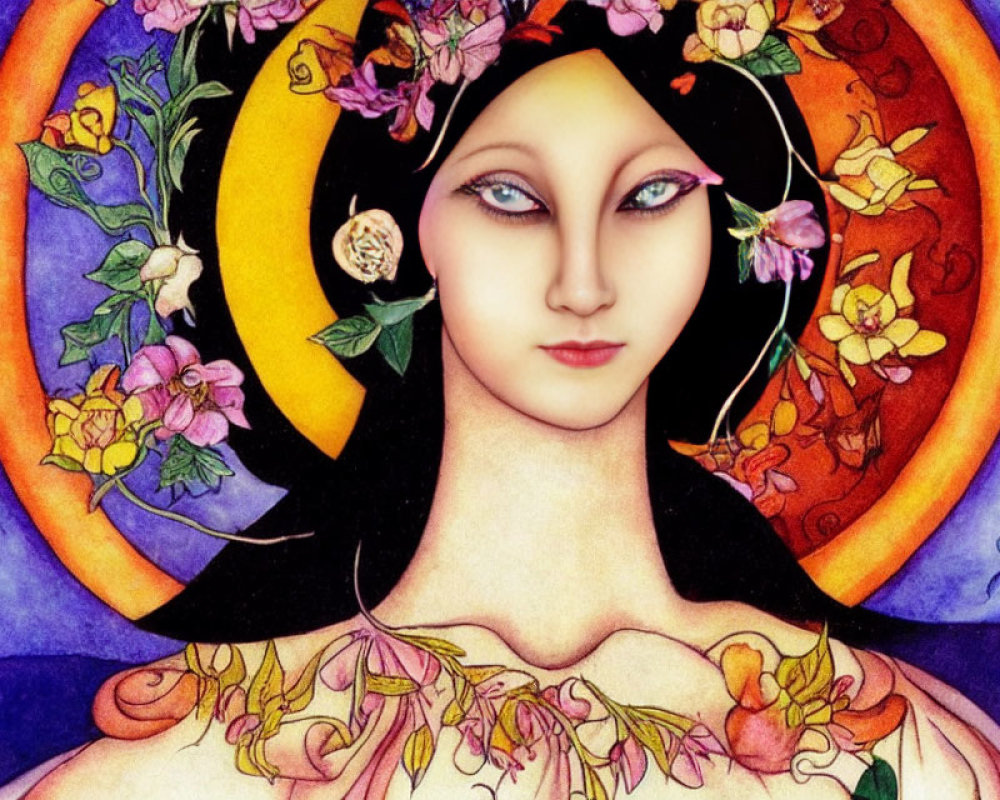 Art Nouveau-style woman with floral halo on orange backdrop