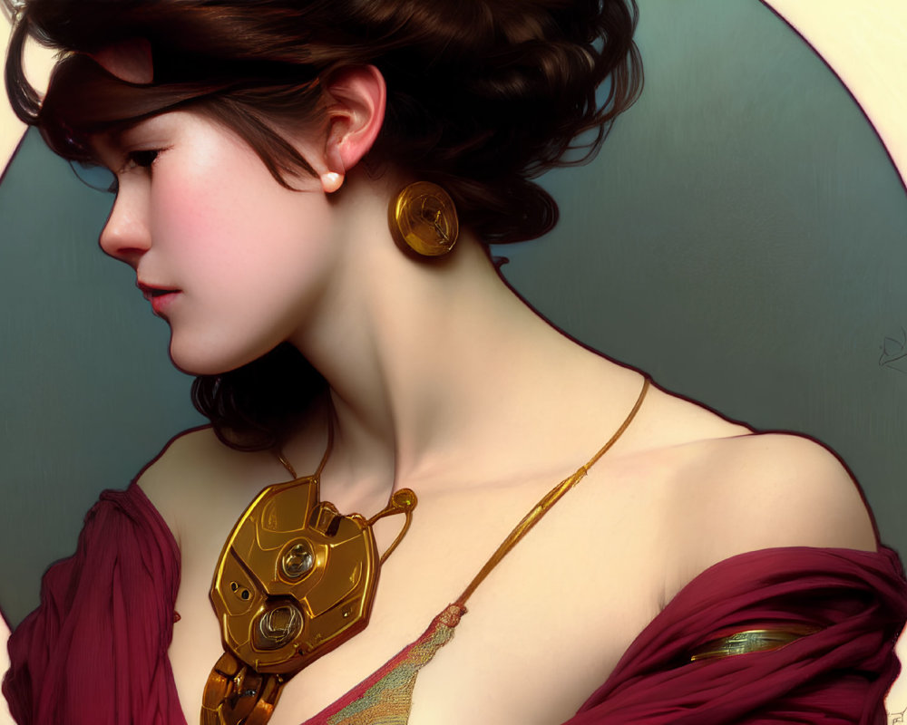 Steampunk-themed portrait of a woman in burgundy toga with mechanical neckwear