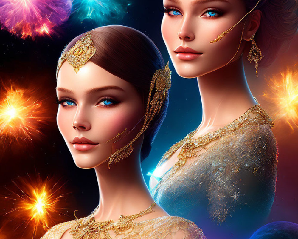 Twin women digital artwork with gold jewelry on cosmic backdrop