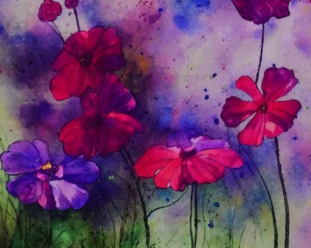 Colorful Watercolor Painting of Purple and Pink Flowers