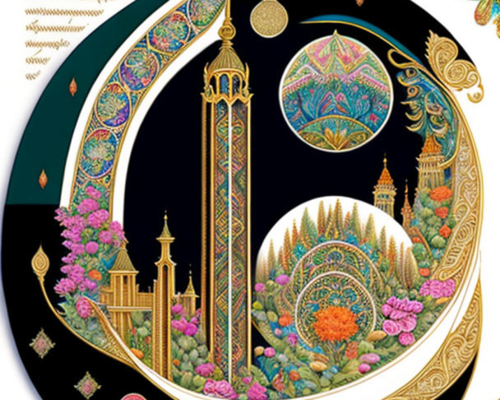 Ornate Crescent Moon Over Fantastical Landscape with Towers and Butterflies