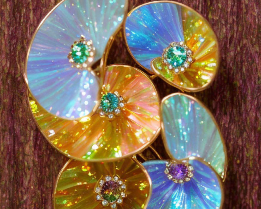 Colorful Pinwheel Brooch with Iridescent Petals and Gemstones on Purple Background