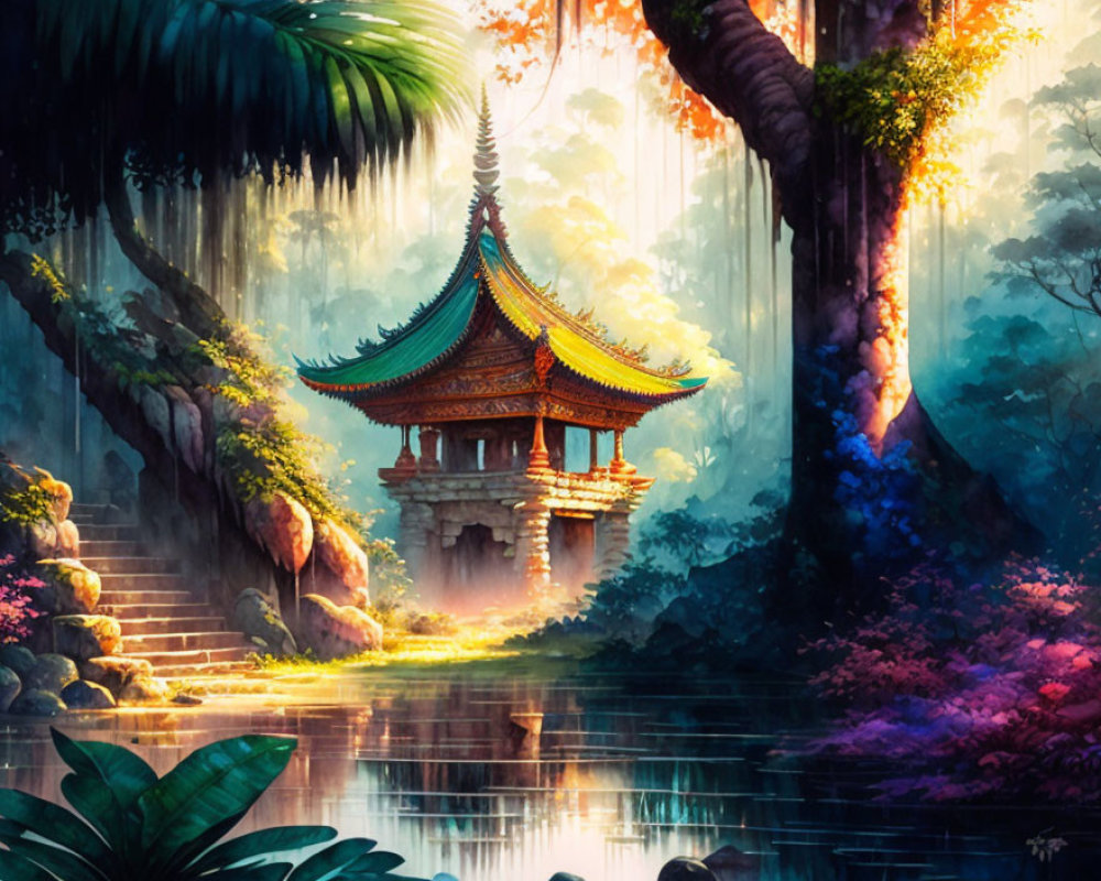 Digital Art: Traditional Asian Pavilion in Mystical Forest