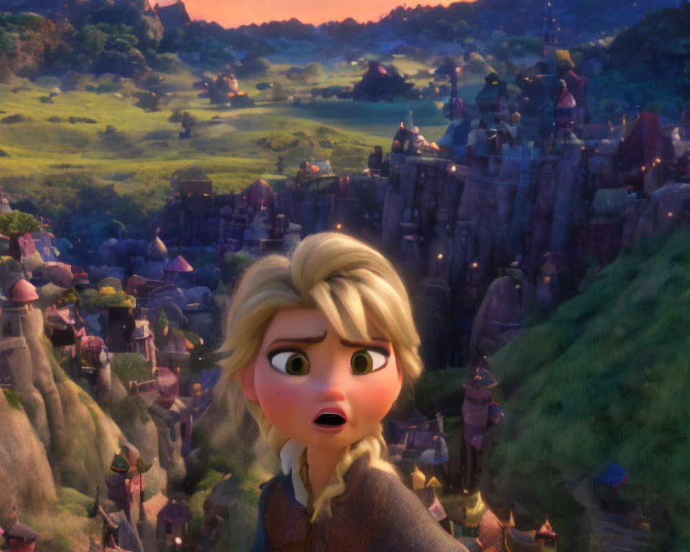 Blonde-Haired Animated Character Surprised in Front of Medieval Village and Castle