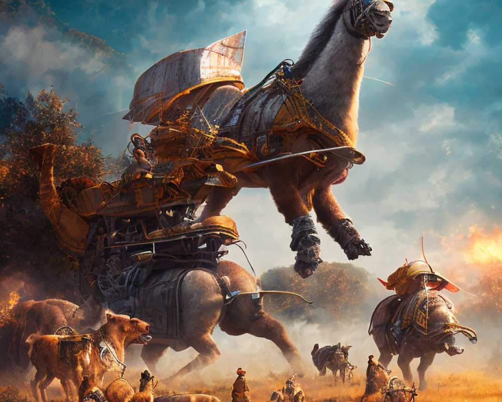 Fantasy art: Warriors on llamas in dramatic landscape with airship.