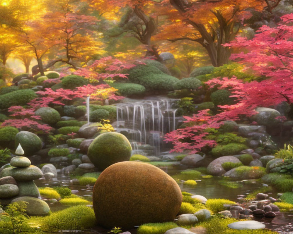 Tranquil autumn garden with waterfall, stacked stones, serene pond.