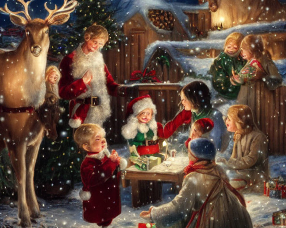 Santa Claus and children celebrate holiday night with reindeer in snowy scene