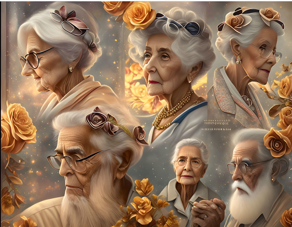 Elderly Couple Portrait Montage with Roses and Stylish Accessories