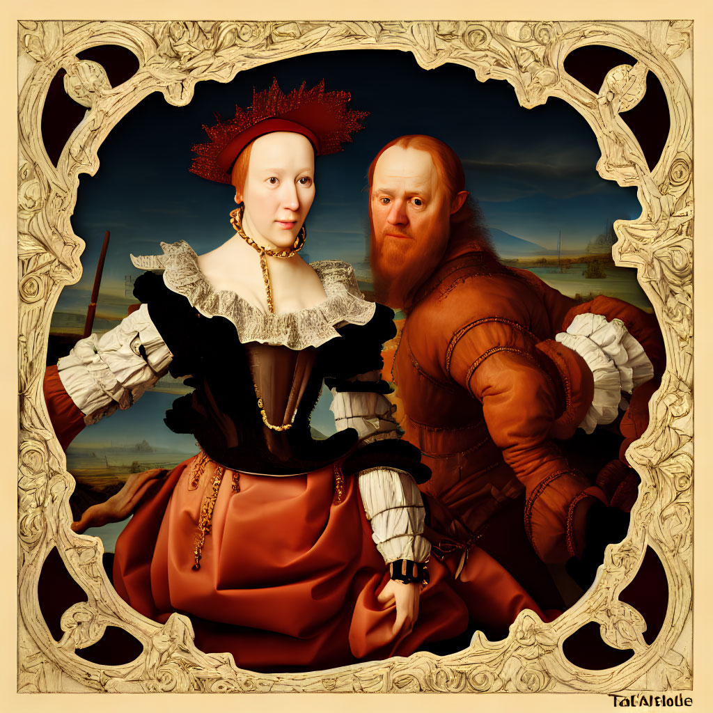 Elaborate 16th-Century Attire Portrait in Circular Wooden Frame