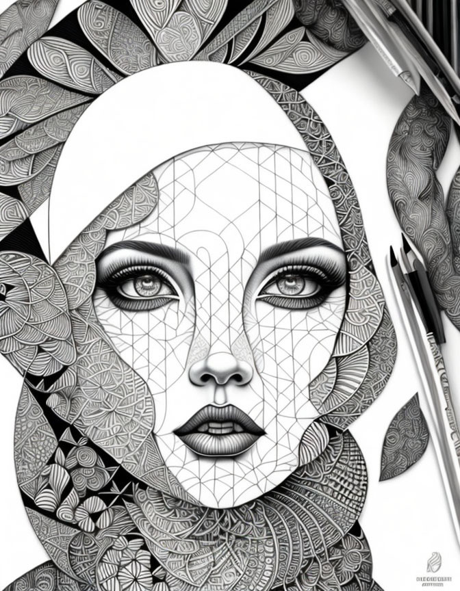 Monochromatic woman's face illustration with geometric patterns and leaf designs.