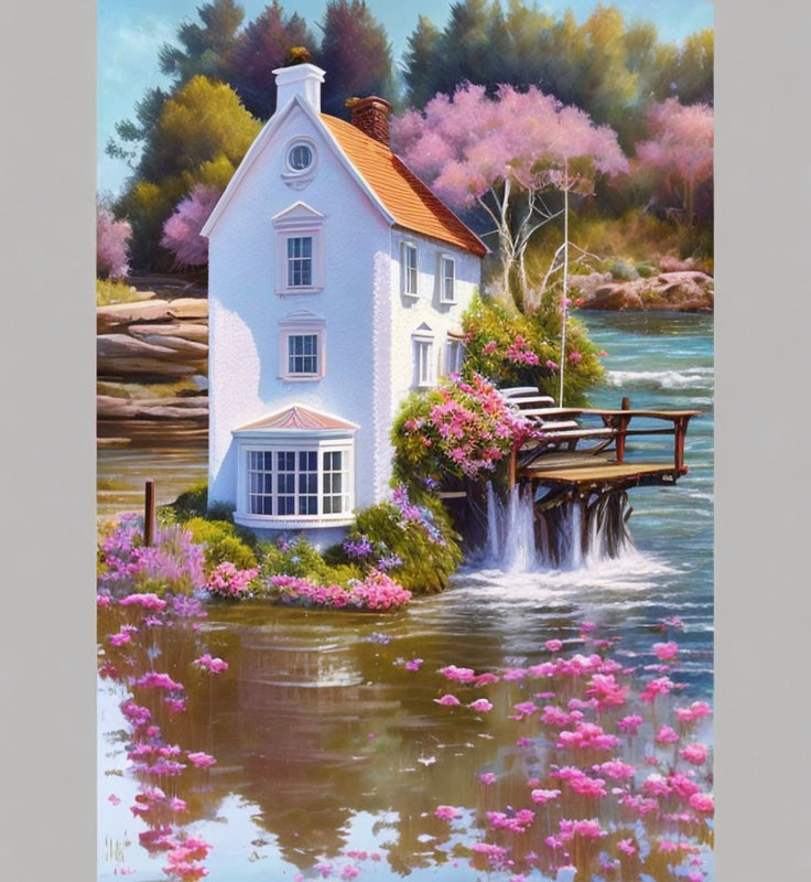 White Thatched Roof House by Serene River and Pink Trees