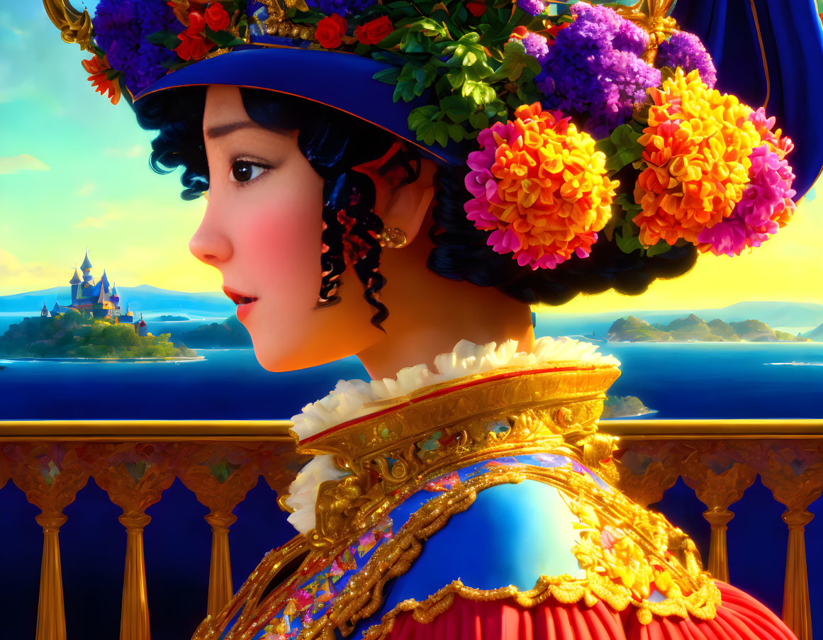 Vibrant digital illustration of woman in floral headdress and period costume gazes at distant castle.