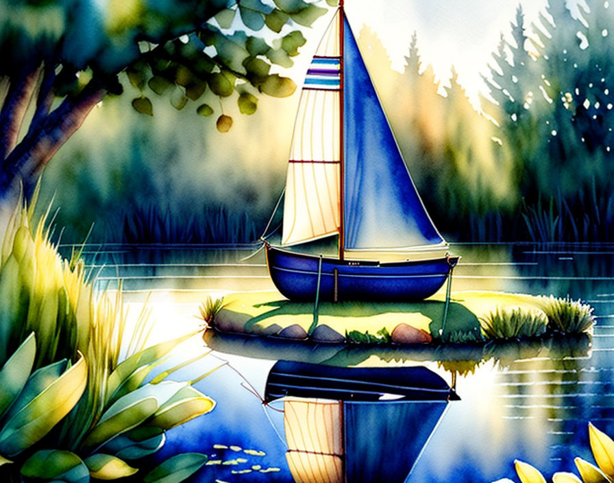 Sailboat watercolor painting on serene lake at dusk