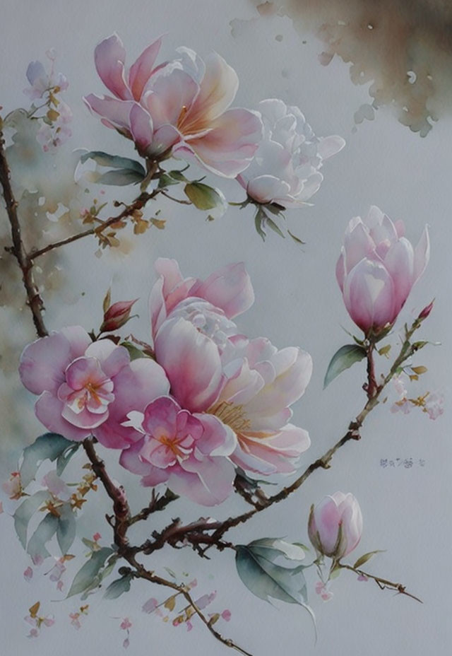 Delicate Pink Magnolia Flowers Watercolor Painting