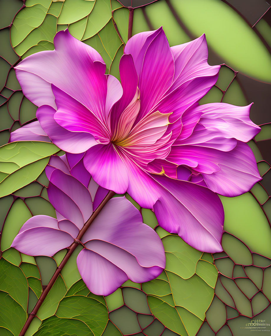 Colorful digital artwork: Purple flower with intricate petals on mosaic green leaves.