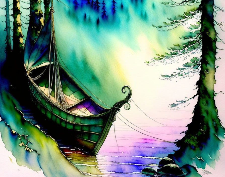 Vibrant watercolor painting: whimsical boat in mystical forest