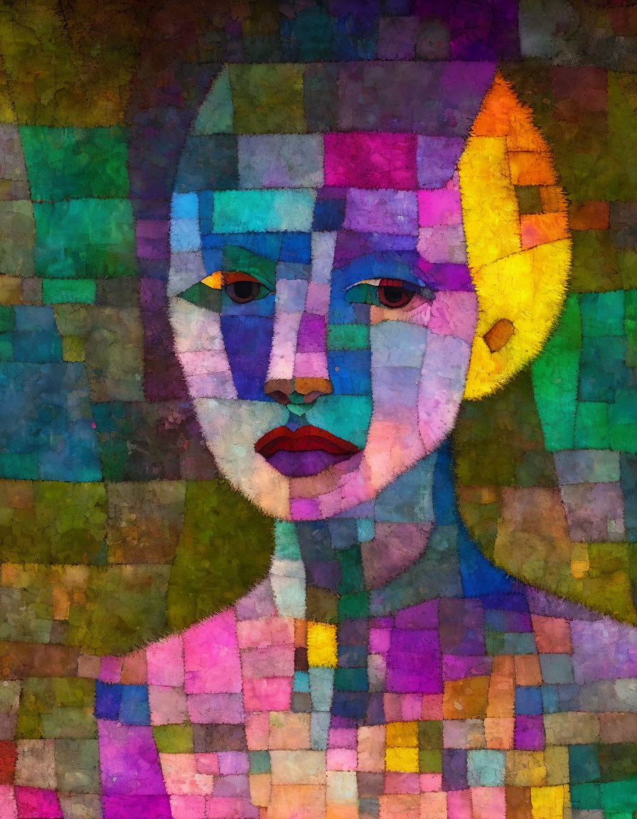 Vibrant cubist-style portrait with geometric shapes and bold colors