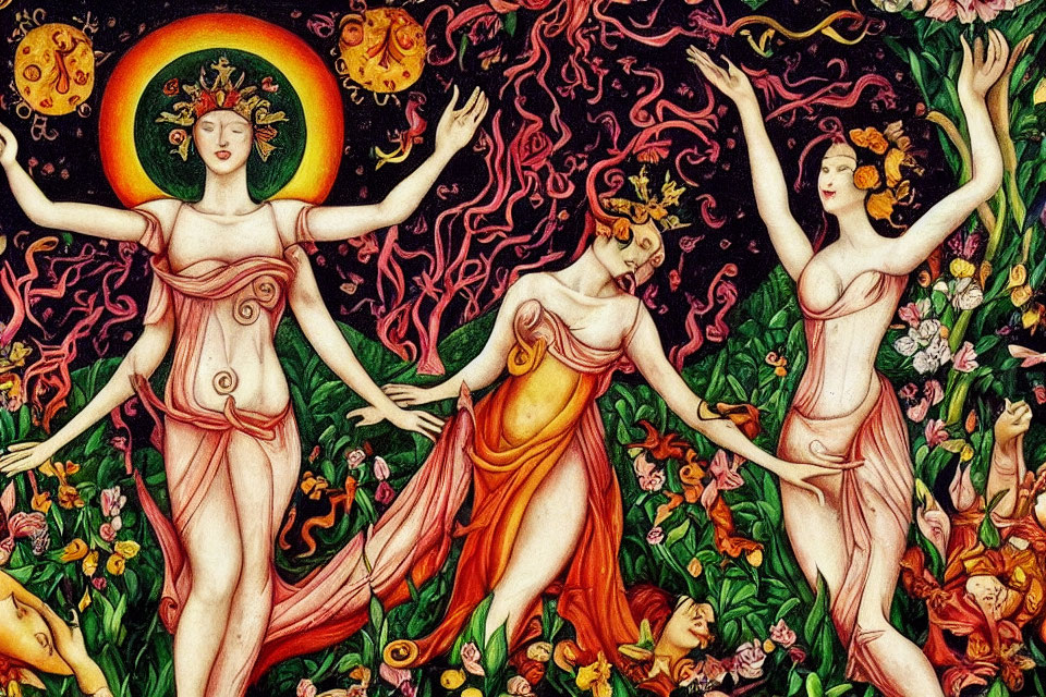 Stylized women with floral and solar halos dance amid vibrant flowers and flames