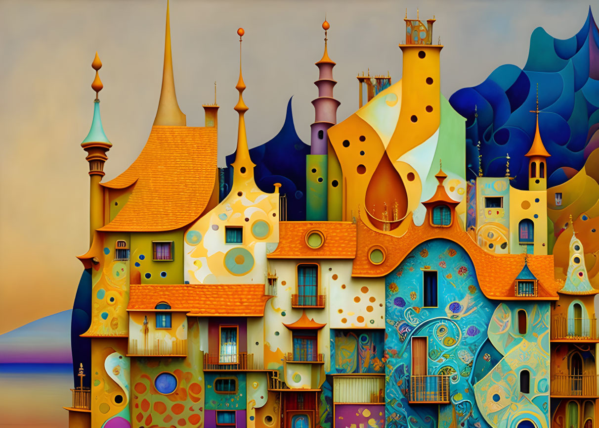 Fantastical cityscape art with diverse, ornate buildings on dusky sky and calm sea