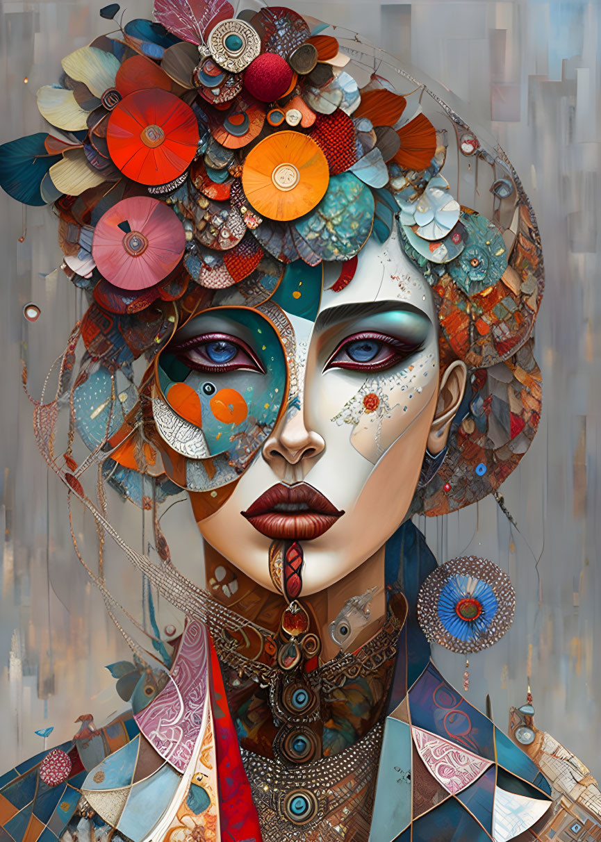 Colorful Woman with Floral and Geometric Headdress in Abstract Setting