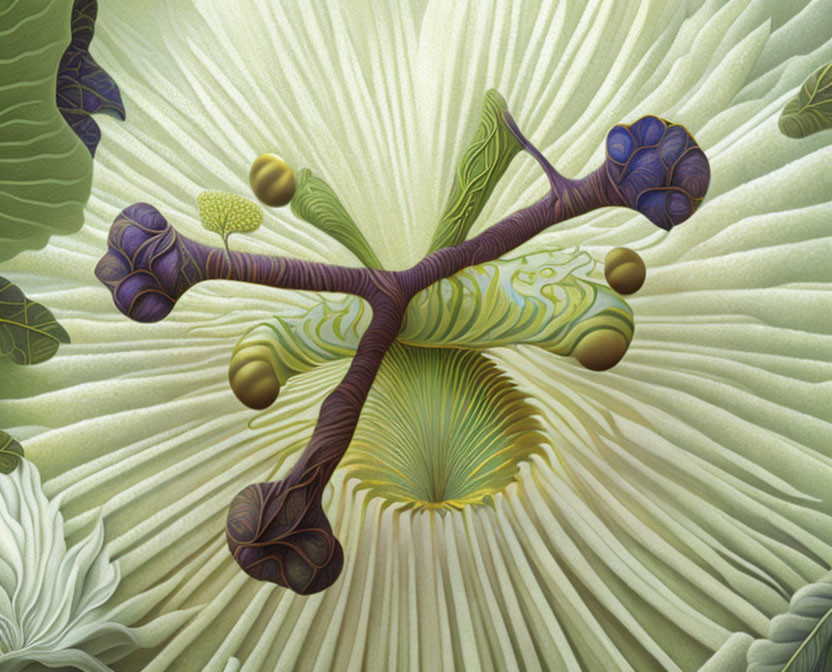 Stylized plant-like structure with spherical growths on textured green background