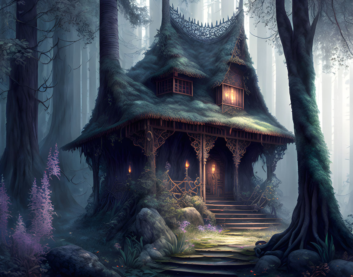 Enchanting cottage in mystical forest setting