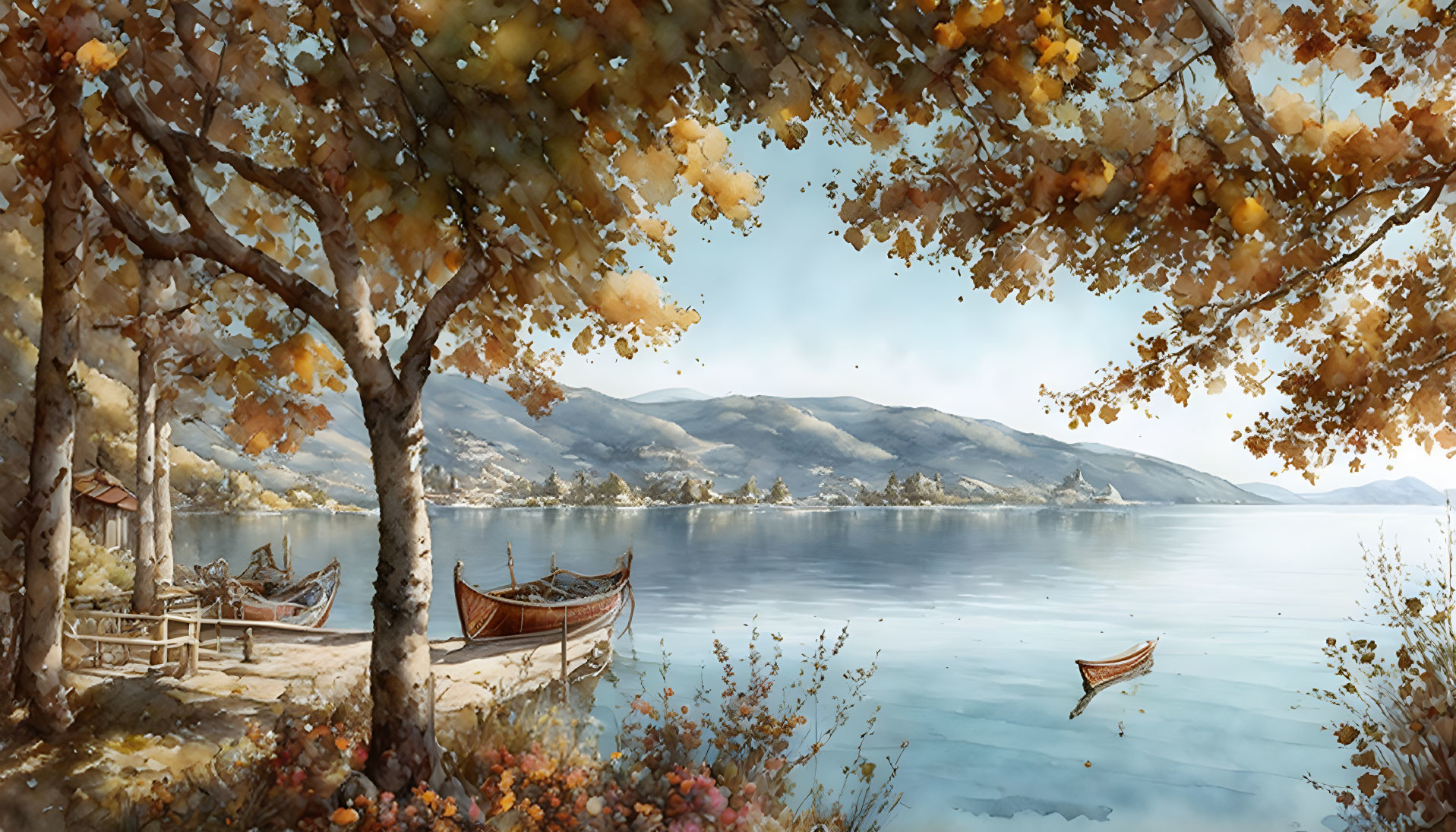 Tranquil autumn lake landscape with boats, dock, golden trees, and distant mountains