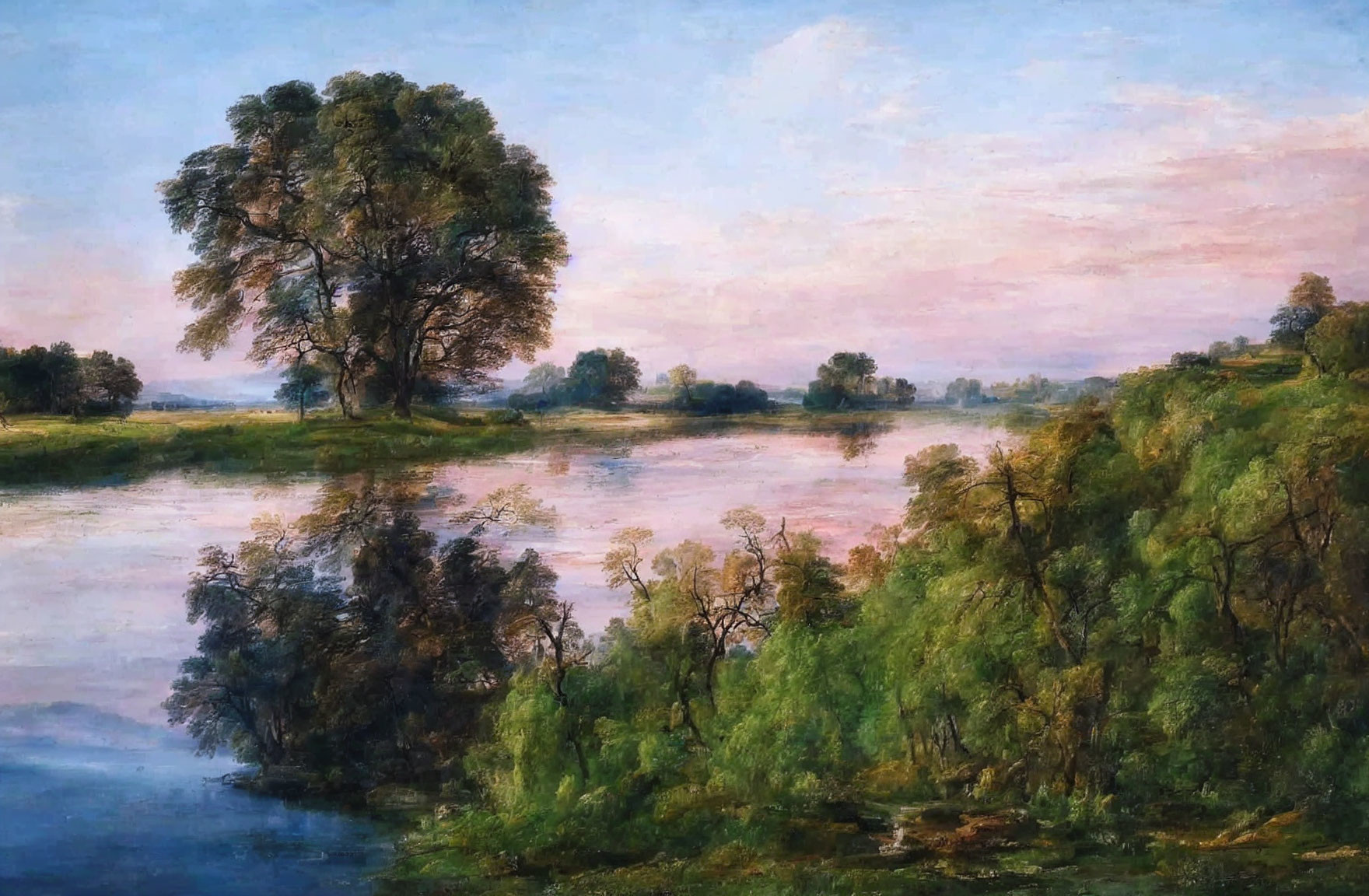 Tranquil landscape with large tree, calm river, lush greenery, pink and blue sky