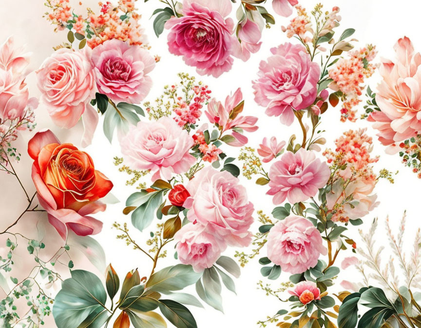 Floral pattern with pink, coral, and green roses on creamy backdrop